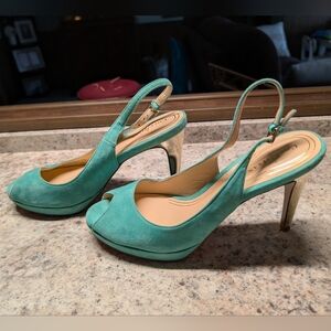 Cole Haan Teal Suede Peep Toe Slingback With Gold Heels